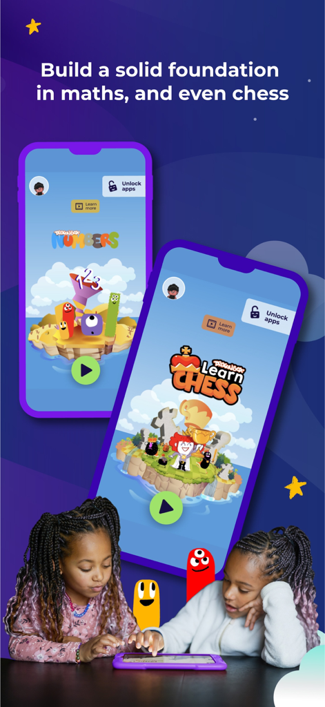 Two young girls playing educational math and chess games from Kahoot Kids on a tablet