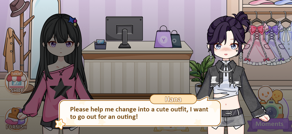 Kawaii Paper Doll Dressup Game - Dos muñecas de papel kawaii en una boutique de moda con un bocadillo pidiendo un atuendo lindo