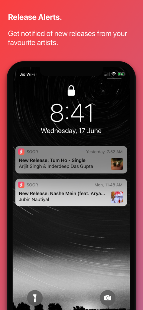 Notifiche dell'app musicale Soor per le nuove uscite di canzoni sulla schermata di blocco dell'iPhone.