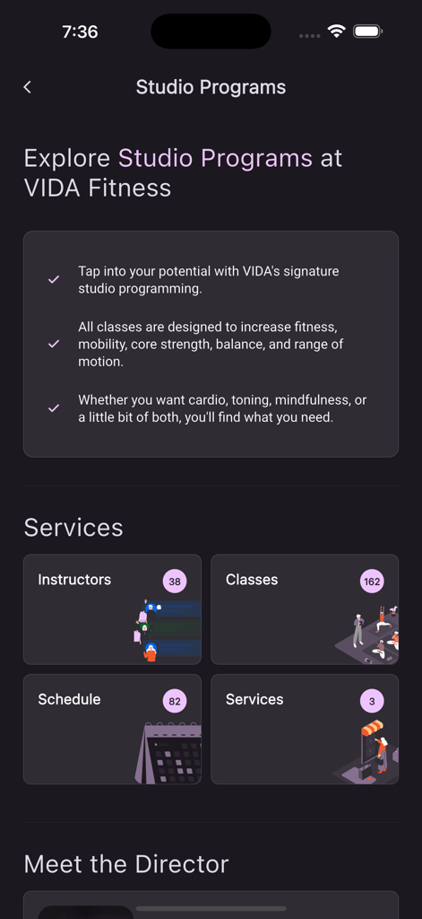 vida fitness app screen for exploring studio programs and class schedules