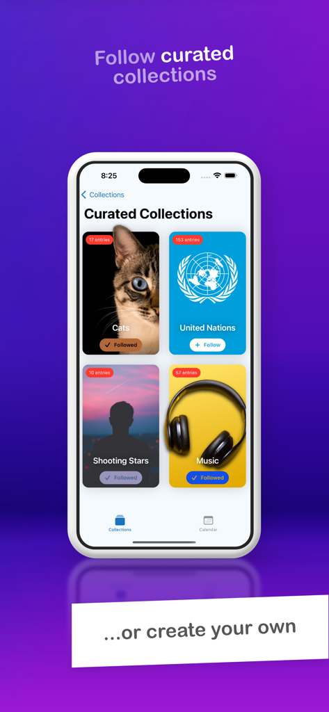 And Today Is - Interface of the And Today Is app showing various themed event collections like cats music and the United Nations