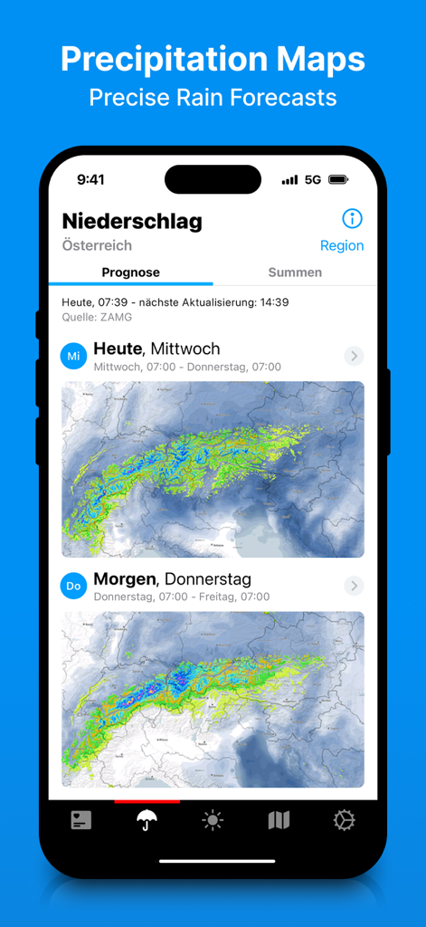 Captura de tela do aplicativo bergfex exibindo mapas detalhados de precipitação e previsões de chuva para regiões montanhosas