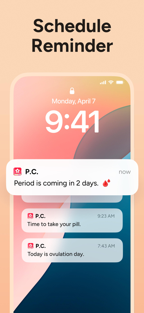 Period Tracker Period Calendar - iPhone-Sperrbildschirm mit Erinnerungen an Periode, Pillen und Eisprung vom Period Tracker