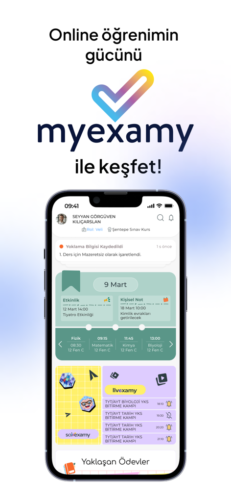 MyExamy - Painel móvel do aplicativo MyExamy exibindo a agenda do aluno, sessões de exames ao vivo e tarefas futuras.