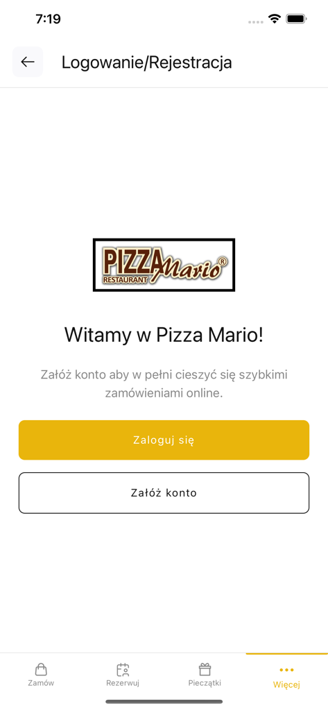 PizzaMario Bydgoszcz 모바일 앱의 로그인 및 등록 화면 (로그인 및 계정 만들기 버튼 포함)