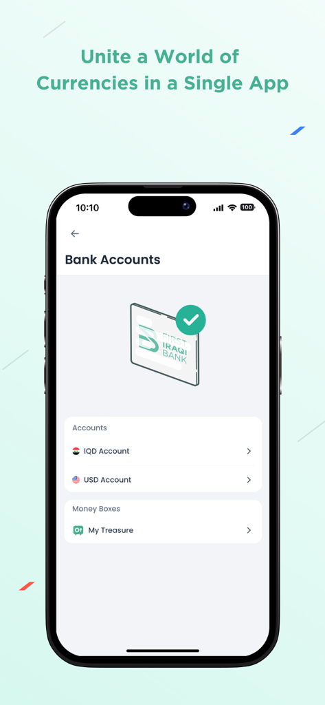 First Iraqi Bank - First Iraqi Bank 모바일 앱 인터페이스, IQD 및 USD 은행 계좌와 머니 박스 표시