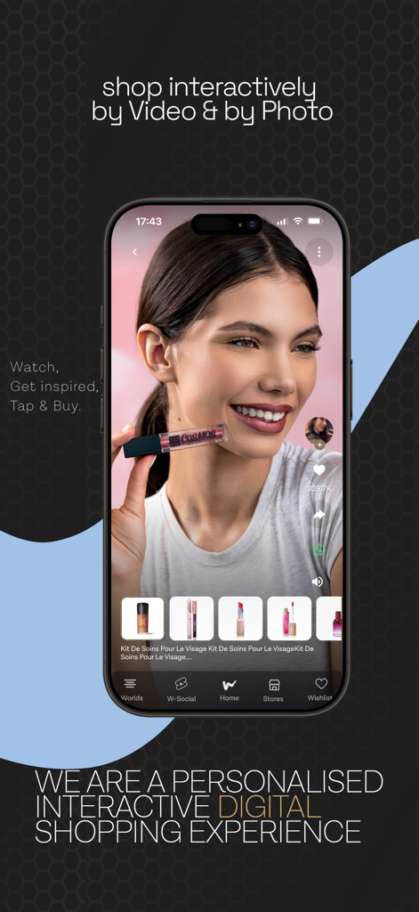 A smartphone displaying a shoppable video within the WASAL app with a beauty influencer and interactive product links