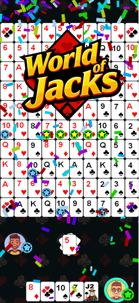 Gameplay screenshot of World of Jacks board game showing a winning five-in-a-row sequence with celebratory confetti.
