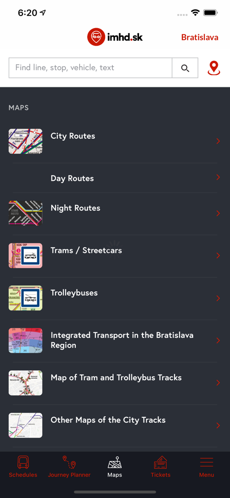 Menü mit Karten für öffentliche Verkehrsmittel in Bratislava in der App imhd.sk, das Tag- und Nachtrouten der Stadt zeigt.