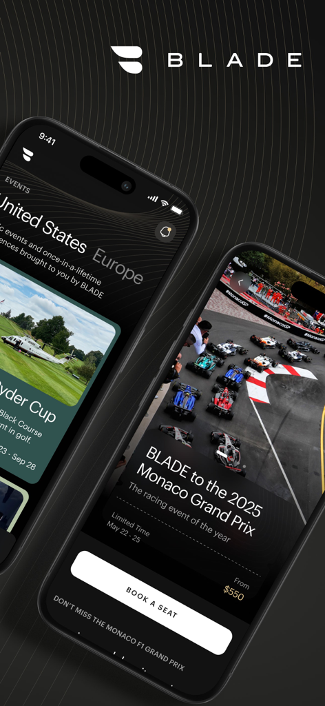 Pantallas de la aplicación BLADE que muestran opciones de reserva de vuelos para la Ryder Cup y el Gran Premio de Mónaco.