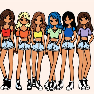 a group of girls wearing crop tops and shorts