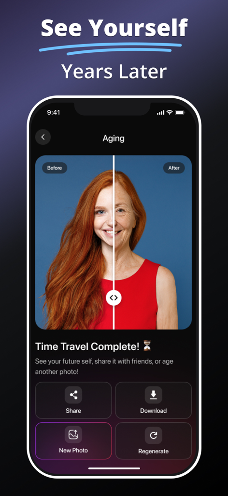 MePic - AI Photo Generator - Una comparación pantalla dividida de una mujer joven y su yo futuro envejecido usando el filtro de envejecimiento con IA de MePic