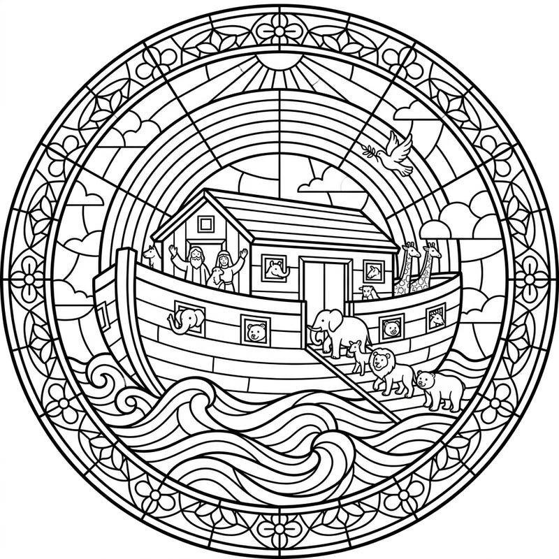 Embark on a creative voyage with this charming stained glass-style Noah's Ark coloring page, specially designed to captivate kids. It's a wonderful way for young artists to explore a classic story while practicing their coloring skills.