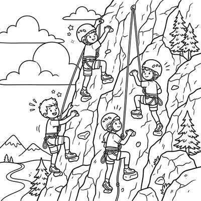 Embark on an exciting coloring adventure with our Kids Rock Climbers page! Young artists will love bringing this dynamic scene of children scaling mountains to life with their favorite colors.