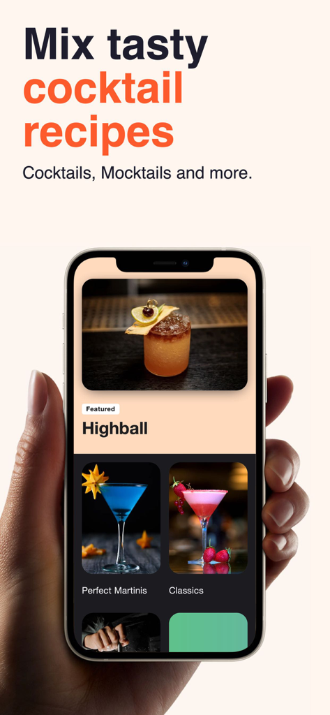 A hand holding a smartphone displaying the Cocktail Master app with drink recipes for highballs and martinis.