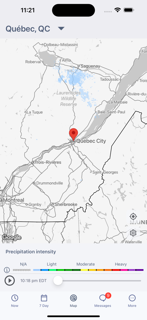 WeatherCAN - Animazione radar ad alta risoluzione che mostra l'intensità delle precipitazioni su una mappa centrata sulla città di Quebec all'interno dell'app WeatherCAN.