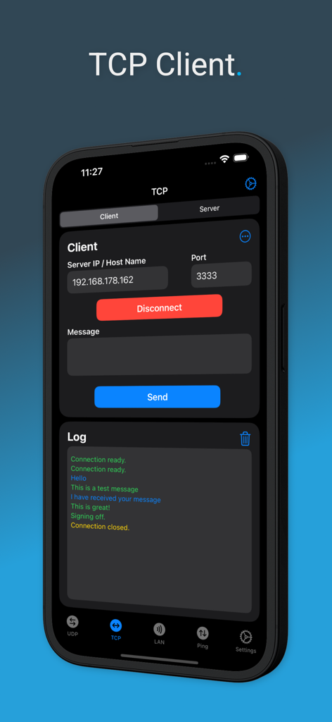 Pantalla de iPhone que muestra la interfaz del cliente TCP de la aplicación UDP TCP Network Utility con la dirección IP y el registro de conexión