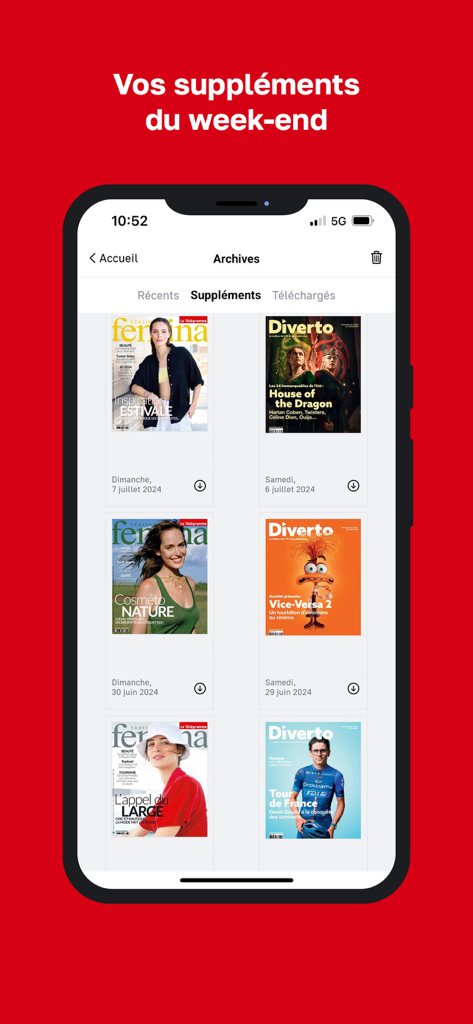 A mobile screenshot of the Journal Le Télégramme app archive section showing weekend magazine supplements like Version Fémina and Diverto.