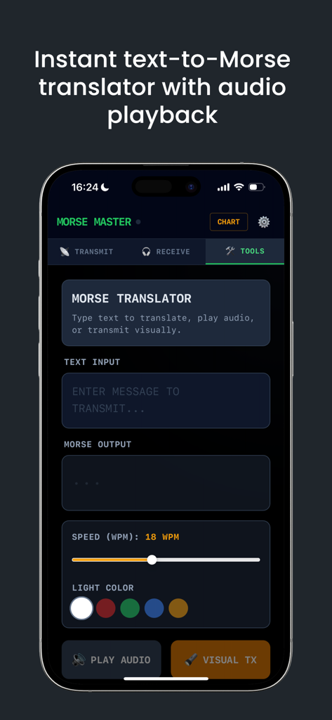 CW Morse Master app screen showing the text to Morse translator with speed adjustment and visual transmission settings