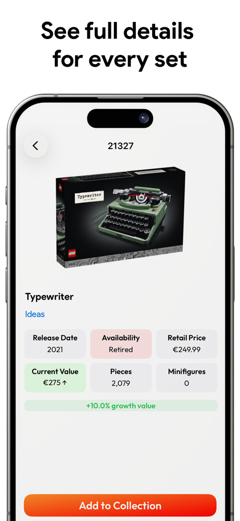 BrickHub app interface showing detailed information, retail price, and investment growth for a retired LEGO Typewriter set.
