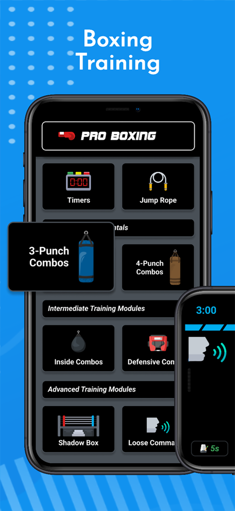 Dashboard of the Pro Boxing app featuring technical training modules for combat athletes