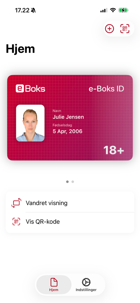 e-Wallet - Cartão de identidade digital e-Boks exibido no aplicativo móvel Carteira Digital.