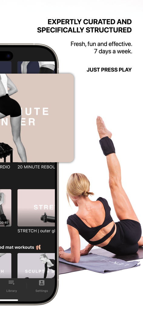 Smartphone interface of the LEKFIT app showing daily curated workouts next to a woman performing a leg stretch on a mat.