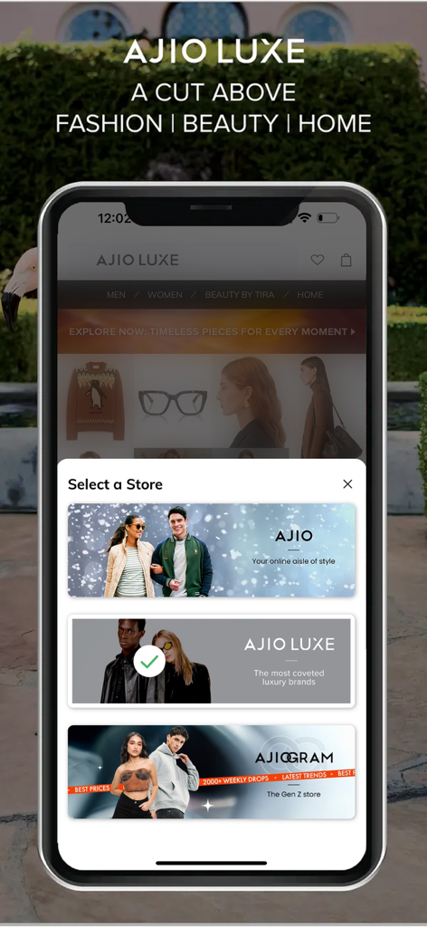 AJIO app store selection screen featuring options for Luxe and Ajiogram curated shopping experiences