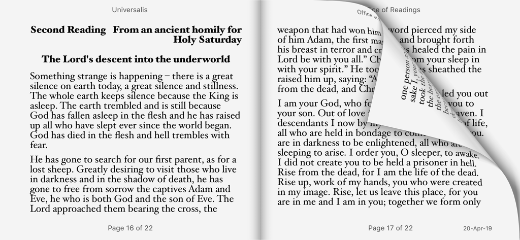 L'interfaccia dell'app Universalis che mostra un layout di libro digitale con un'animazione realistica di sfogliamento per le letture religiose quotidiane.