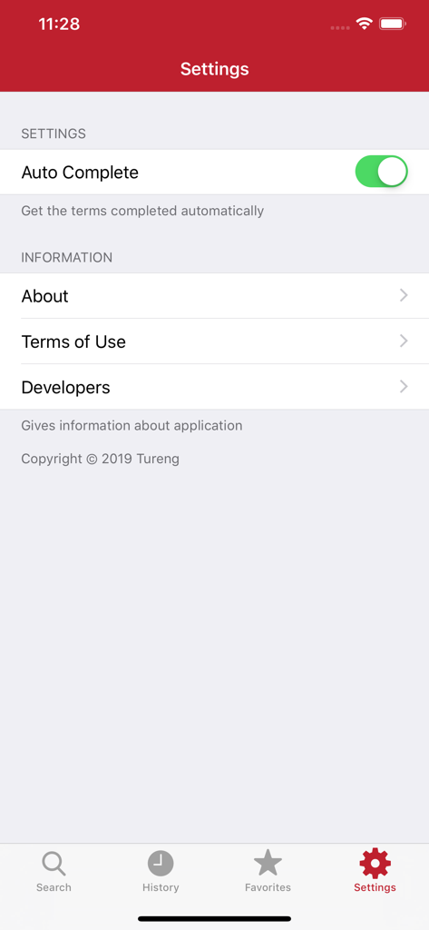 Tureng Dictionary mobile app settings screen showing auto-complete toggle and information section.