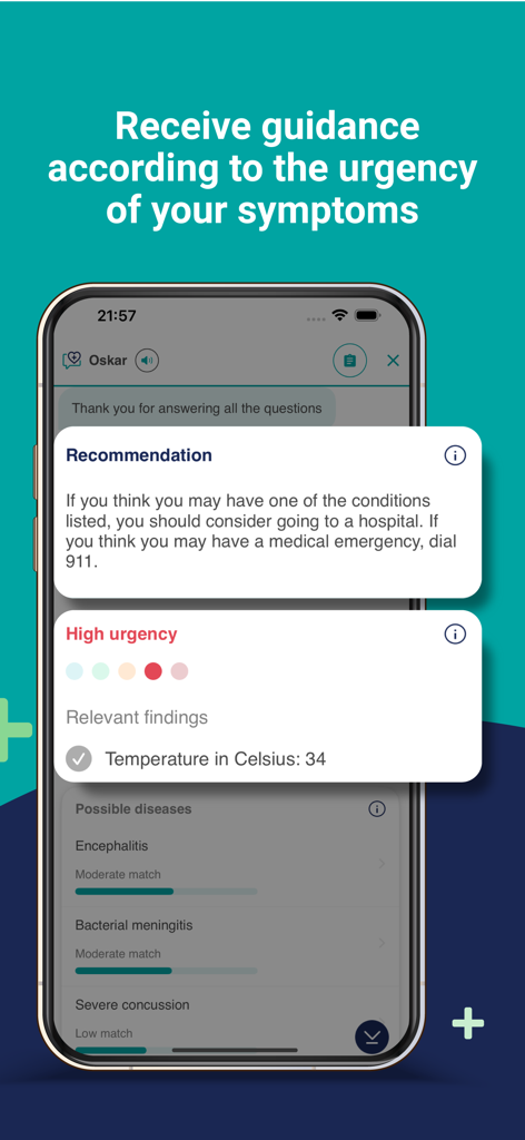 mymediktor - Symptom Checker - mymediktor app interface showing medical urgency guidance and emergency triage recommendations