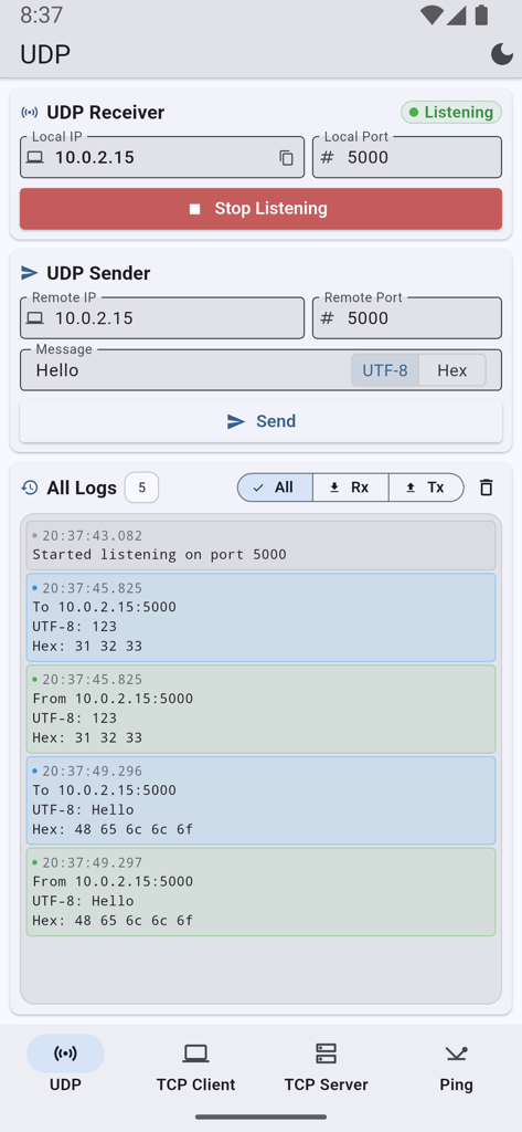 UDP sender and receiver interface with message logs showing UTF-8 and hex data