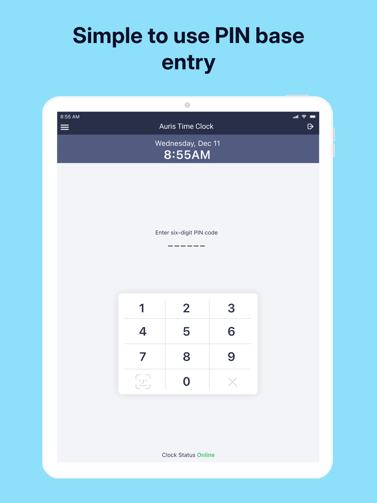 Auris Time Clock simple PIN code entry screen on an iPad