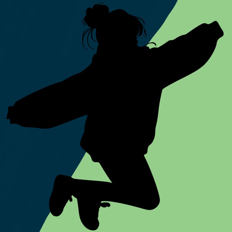 realistic girl jumping with a bun and oversized sweatshirt