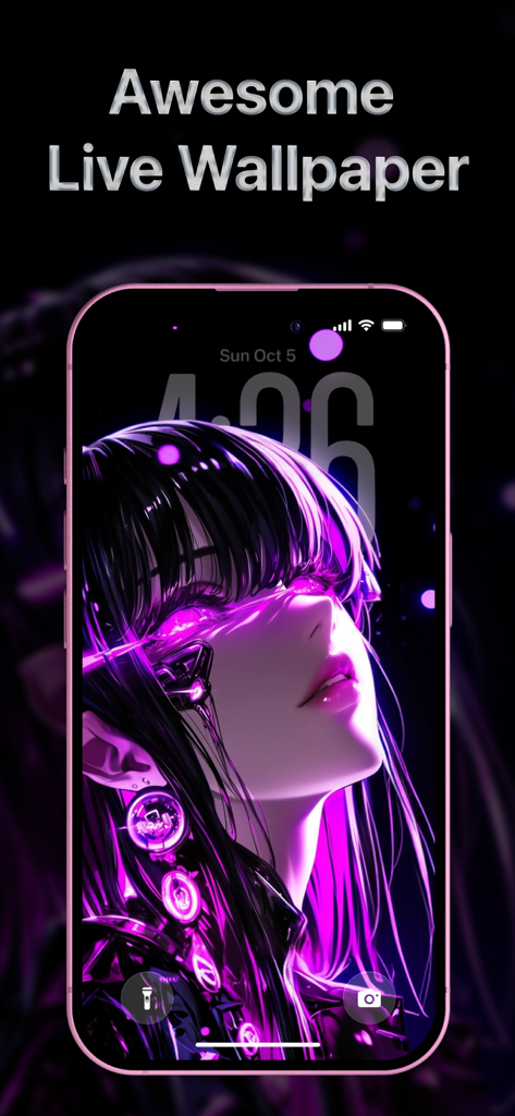 Wallio - Live Wallpapers - Wallio 앱의 보라색 네온 애니메이션 라이브 배경화면을 특징으로 하는 아이폰 잠금 화면