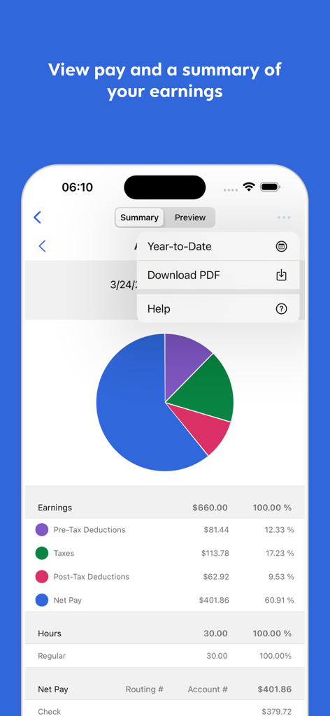Une capture d'écran de l'application mobile Dayforce montrant un résumé des gains des employés et du salaire net avec un graphique circulaire.