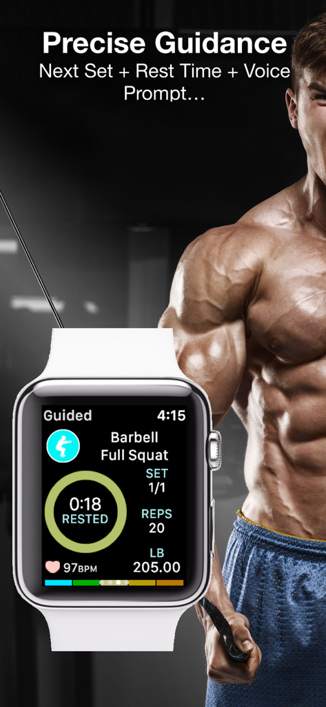 Gymatic Workout Tracker - Aplicación Gymatic en Apple Watch mostrando métricas de entrenamiento guiado de sentadilla completa con barra, incluyendo series, repeticiones, peso y temporizador de descanso