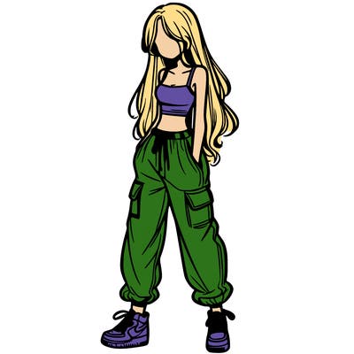 girl in baggy pants crop top and long hair
