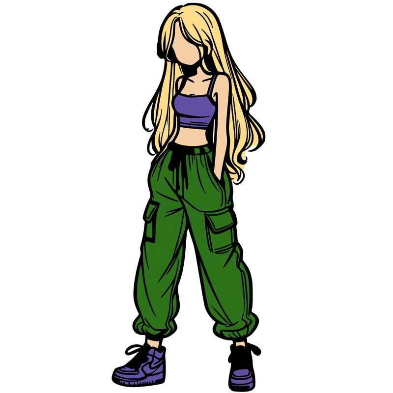 girl in baggy pants crop top and long hair