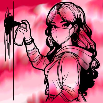 realistic girl with mask spray painting a wall