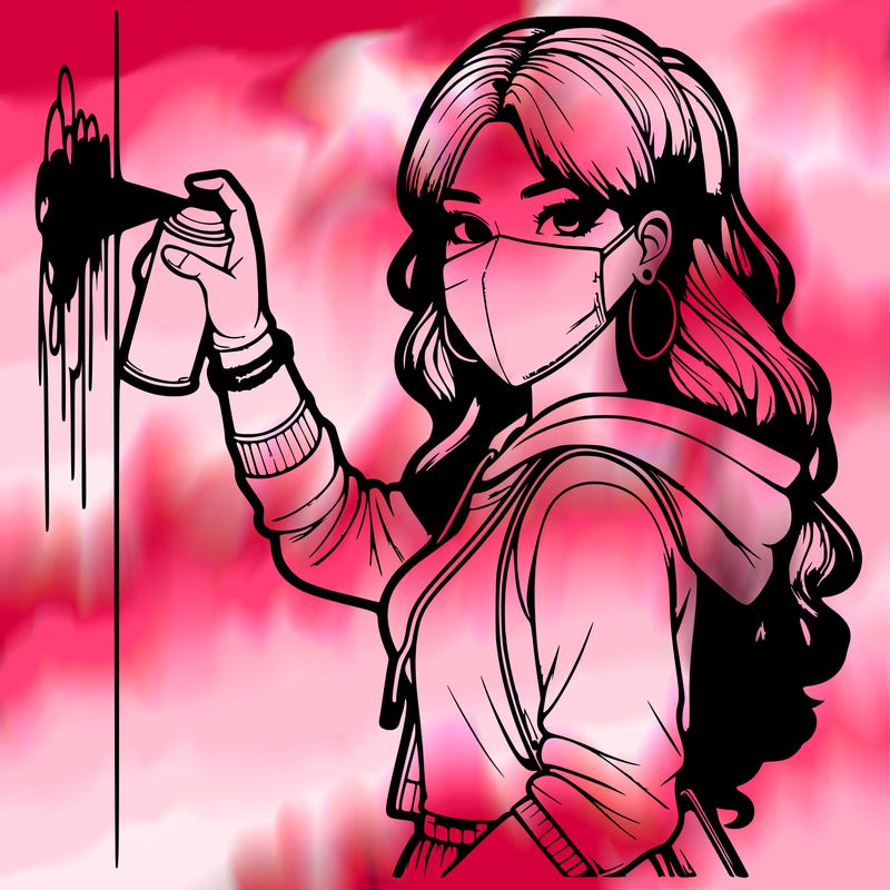 realistic girl with mask spray painting a wall