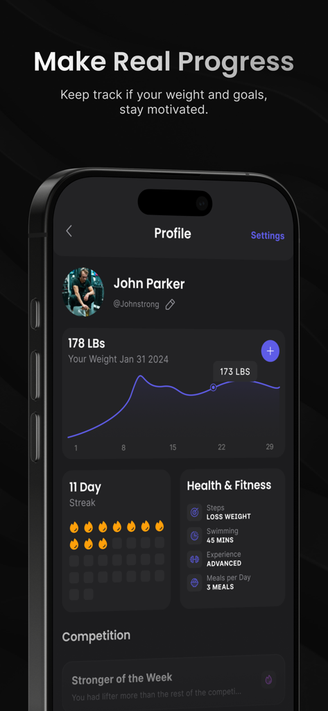 Coachify AI app profile screen showing a weight tracking graph workout streak and fitness goals for an advanced user