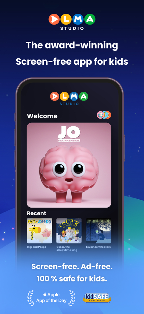 Alma Studio: Listen & Relax - Alma Studio app home screen on a smartphone showing audio stories for children and safety certifications