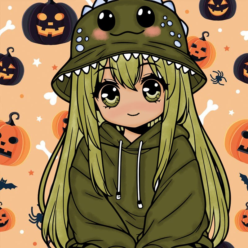 girl with anime shaped eyes with a dinosaur bucket hat oversized sweatshirt long straight hair