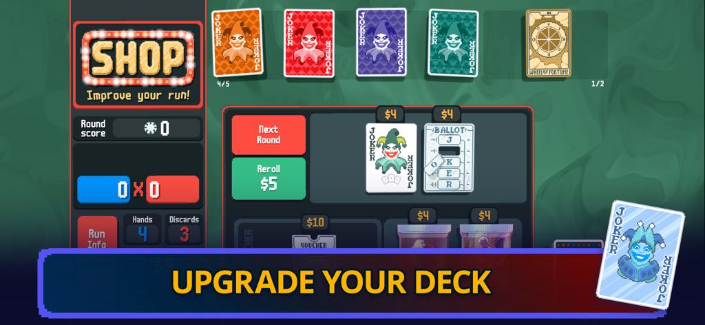 Balatro - Balatro game shop interface showing Joker cards and deck upgrade options with pixel art style