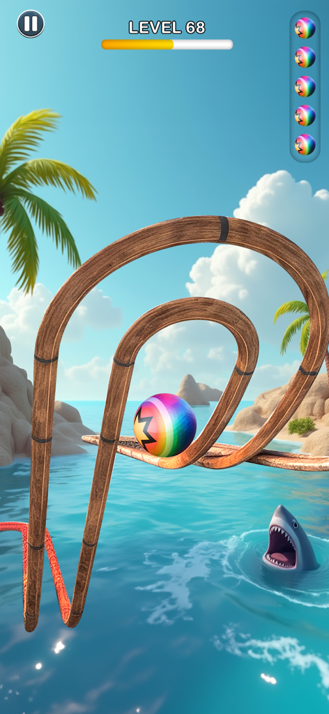A colorful rainbow ball rolling on a looping wooden track above a tropical sea with a shark