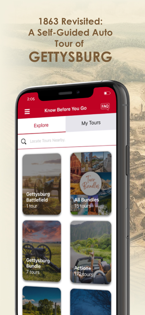 Gettysburg Battle Auto Tour - Smartphone screen showing the explore menu of the Gettysburg Battle Auto Tour app with various historical tour bundles