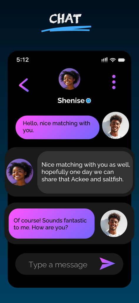 A chat interface in the Caribe Match app showing a conversation between two matched Caribbean singles