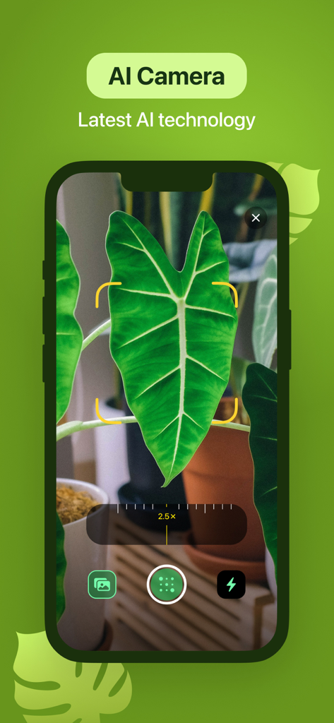Leaf Identification - Una pantalla de smartphone que muestra la aplicación Leaf Identification usando una cámara IA para escanear la hoja de una planta