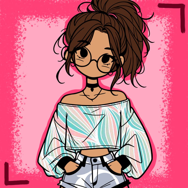 girl with a messy ponytail glasses a baggy crop top and jean shorts